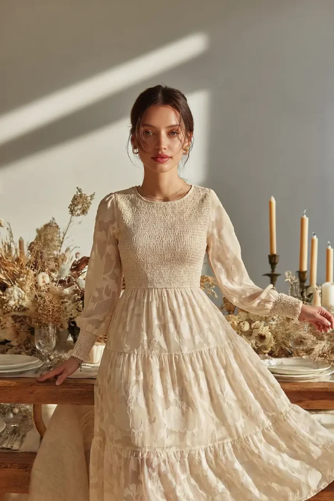 woman in a cream long-sleeve textured dress standing in warm sunlight beside a neutral holiday table with dried florals and candles