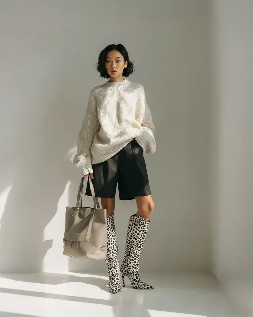 woman wearing an oversized cream sweater and black tailored shorts styled with black and white dalmatian-print knee-high boots, holding a beige tote bag in soft natural light