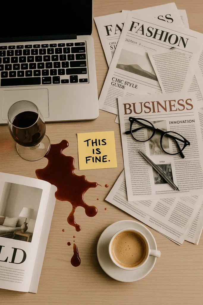 ChatGPT Image 12. нов 2025. 17_16_12 A humorous flatlay of a creative workspace showing spilled coffee near a laptop, a sticky note that reads “This is fine,” scattered magazines, and glasses — symbolizing aesthetic chaos and humor.