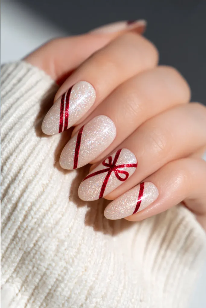 “Glittery white Christmas nails with diagonal red candy ribbon stripes and a hand-drawn red bow accent.