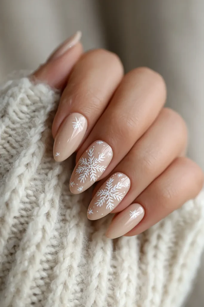 Almond-shaped nude nails with delicate white snowflake line art for a minimal holiday manicure.