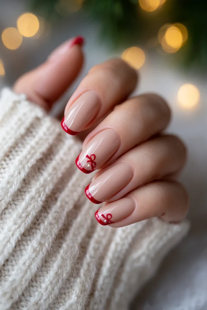 Nude almond nails with thin red French tips and a small red ribbon detail, minimal and festive Christmas nail design.