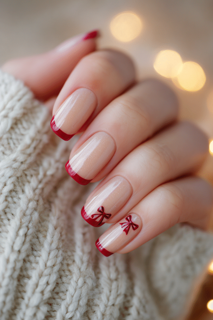 Nude Christmas nails with glossy red French tips and tiny red bow nail art, soft holiday lights in the background.