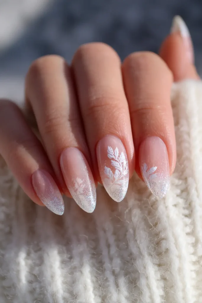Almond-shaped nails with frosted white gradient tips and minimal white leaf designs, soft winter-inspired manicure.