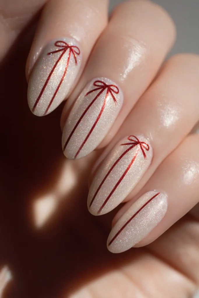 Minimal red line Christmas nail art with delicate bow details on a pearly nude shimmer base