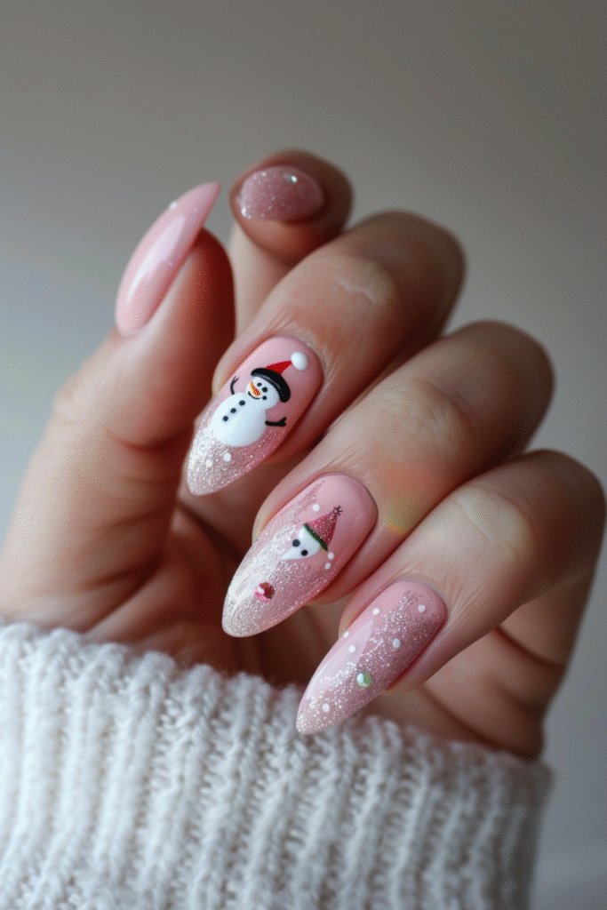 Pink and white glitter nails with star decals and a detailed snowman accent nail.