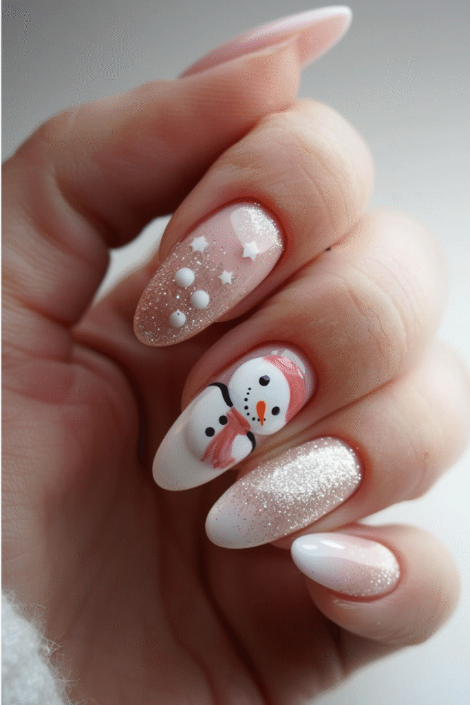 Pink almond nails with glitter tips, tiny snowman designs, and minimal Christmas detailing.
