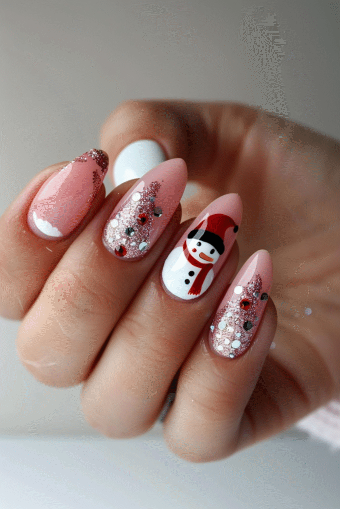 Pink almond nails with rose-gold glitter, metallic dots, and a snowman design on one accent nail.