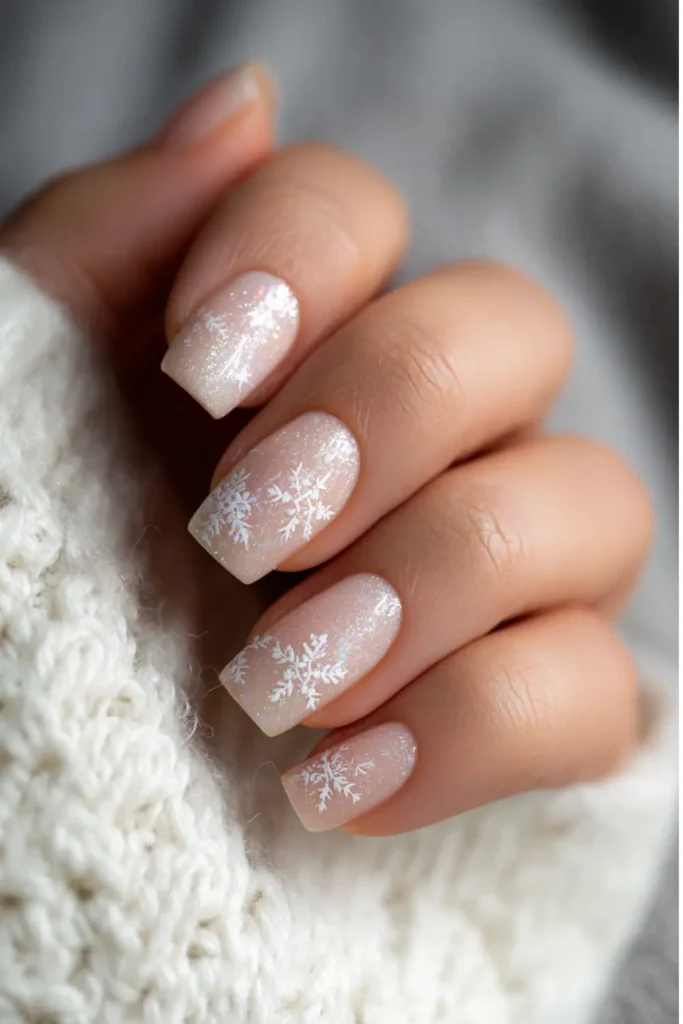 Hand with short square nails painted in a sheer milky base with white snowflake designs, soft shimmer and minimal Christmas nail aesthetic.