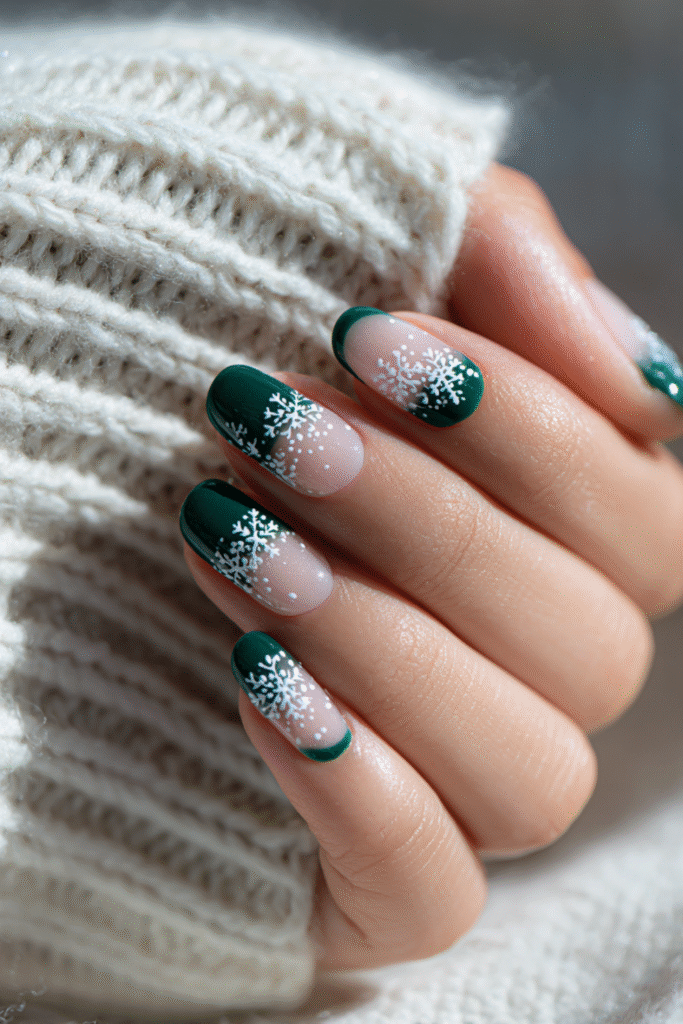 Almond-shaped nails with deep green French tips and white snowflake details.