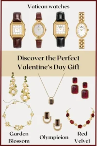 Valentine’s Day outfit board with gold accessories, neutral clothing pieces and elegant date-night style inspiration.