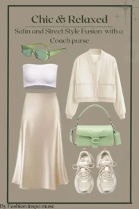 Neutral satin and mint outfit board with a skirt, white bandeau top, cream jacket, mint Coach bag, and beige sneakers.