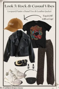 Rock and casual outfit board with leopard pants, band tee, leather jacket, sneakers, and a brown cap.