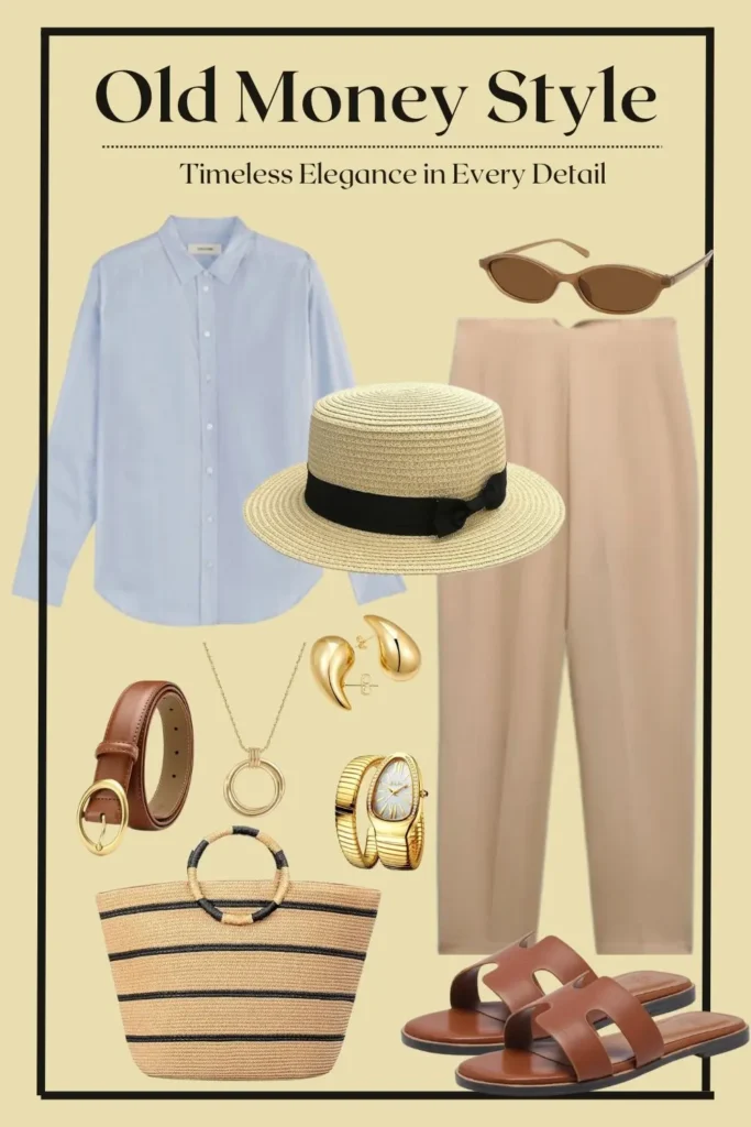minimalist neutral outfit flat lay with straw hat, light blue shirt, beige trousers, and gold jewelry