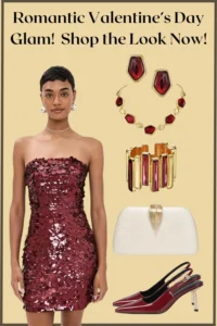 Romantic Valentine’s Day outfit with sequin burgundy dress, gold jewelry, white clutch and red heels