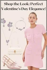 Light pink Valentine’s Day outfit board with a feminine dress and romantic accessories.