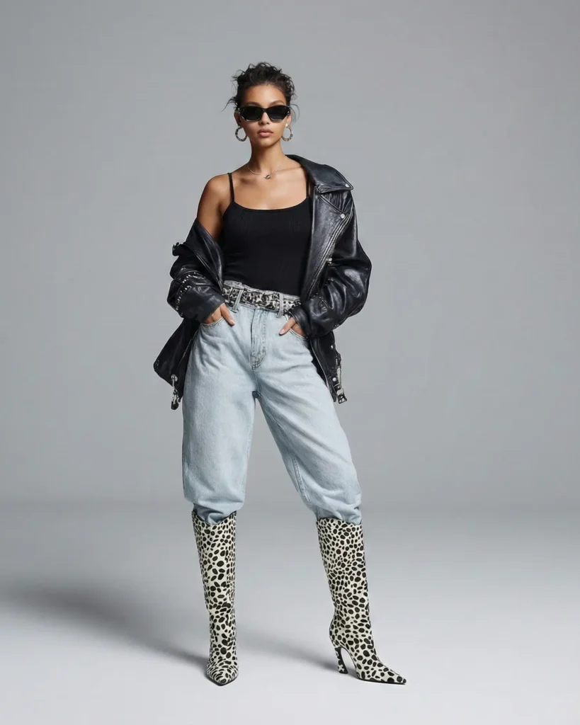 woman wearing light-wash jeans tucked into black and white speckled knee-high boots, black tank top and oversized leather jacket, fashion studio photo