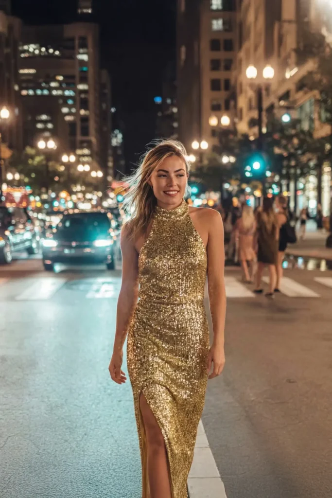 woman in a gold sequin high-neck gown walking through a city street at night