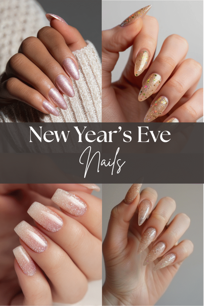 Collage of various shimmering and glitter New Year’s Eve nail designs with title overlay.