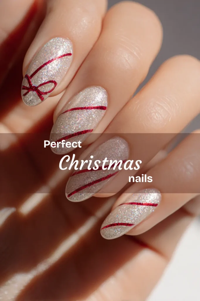 Sparkly nude Christmas nails with thin red ribbon stripes and a bow accent, holiday nail inspiration graphic.