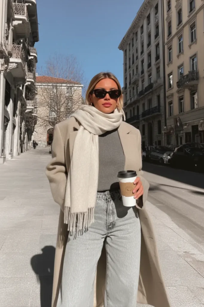 Woman wearing a beige long coat, oversized cream scarf, grey knit top and light-wash jeans, holding a coffee cup while walking down a sunny city street.
