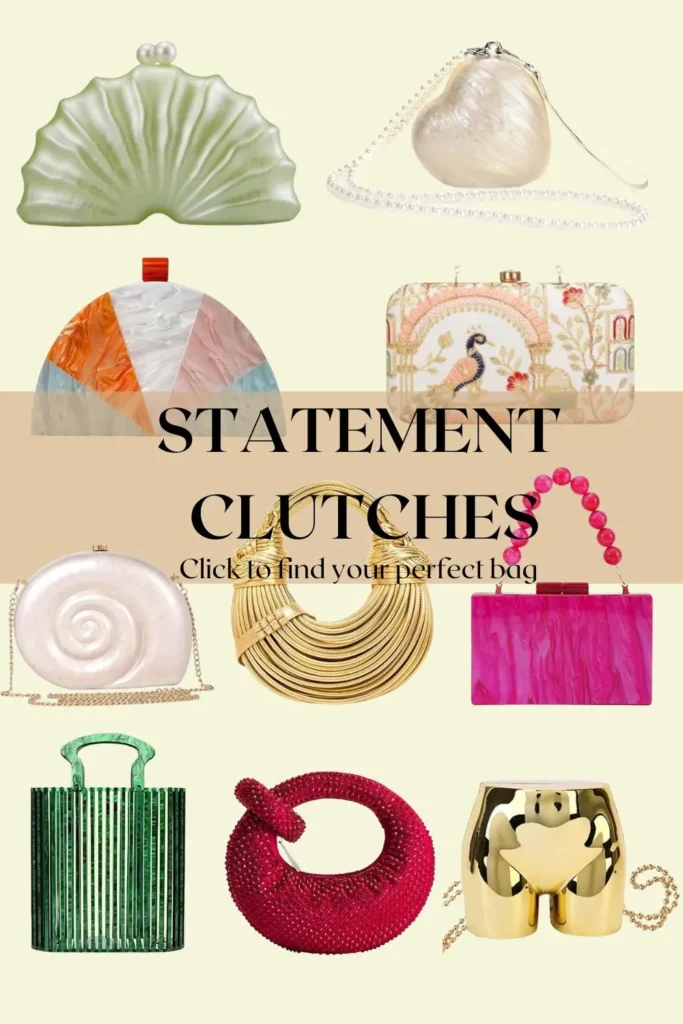 flat lay of colorful statement clutches and accessories on neutral background