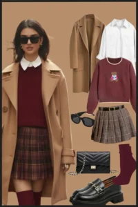 Preppy fall outfit board with a camel coat, plaid skirt, burgundy sweater, white shirt, loafers, and black quilted purse.