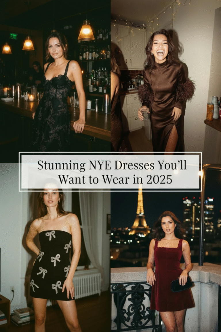Collage of four New Year’s Eve outfits including a black lace dress in a bar, a brown satin gown with feather sleeves at a party, a black mini dress with crystal bows, and a burgundy velvet mini dress with the Eiffel Tower in the background, with the title “Stunning NYE Dresses You’ll Want to Wear in 2025”.