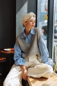 AI editorial-style photo of a woman sitting by a café window wearing a blue striped shirt, knit vest, and cream trousers.