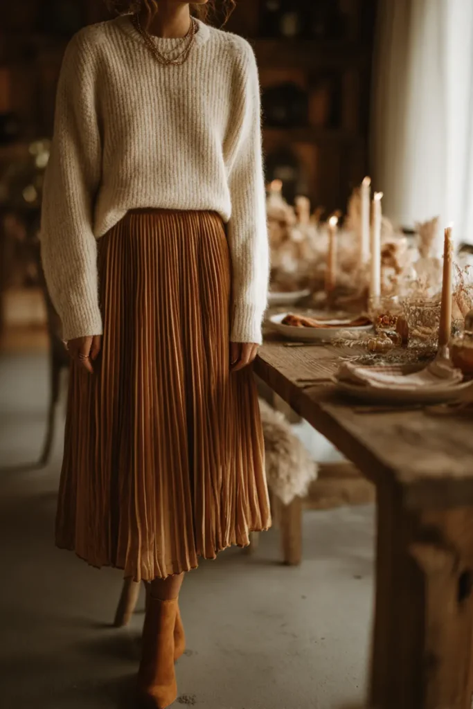 woman wearing a cream chunky sweater and a camel pleated midi skirt standing by a rustic holiday dining table with candles