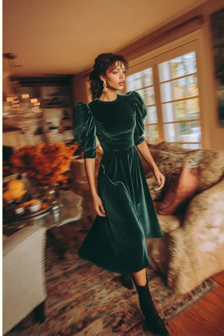 woman wearing a dark green velvet dress with puff sleeves walking through a cozy room with fall decor