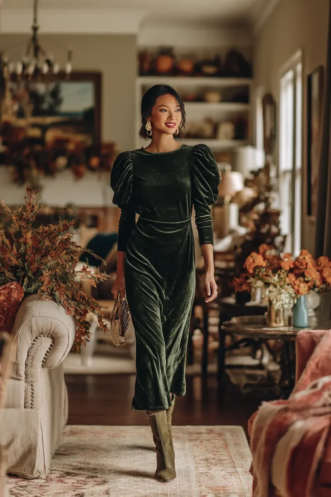 woman in a dark green velvet dress with puff sleeves walking through a warm, autumn-inspired living room