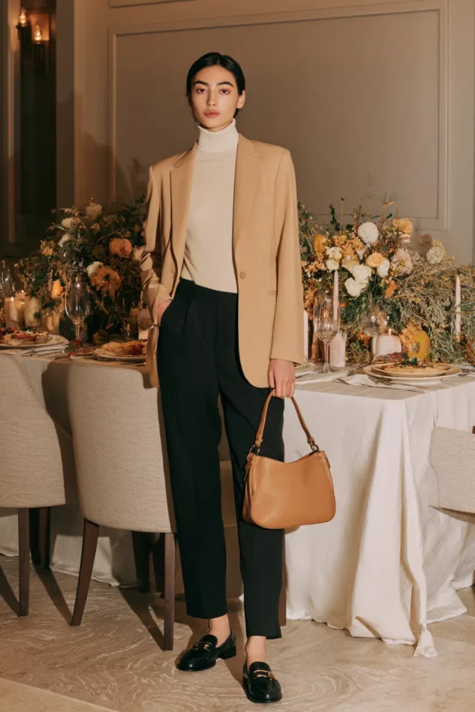 woman in a camel blazer, cream turtleneck, and black trousers standing beside a sophisticated holiday table with floral decor