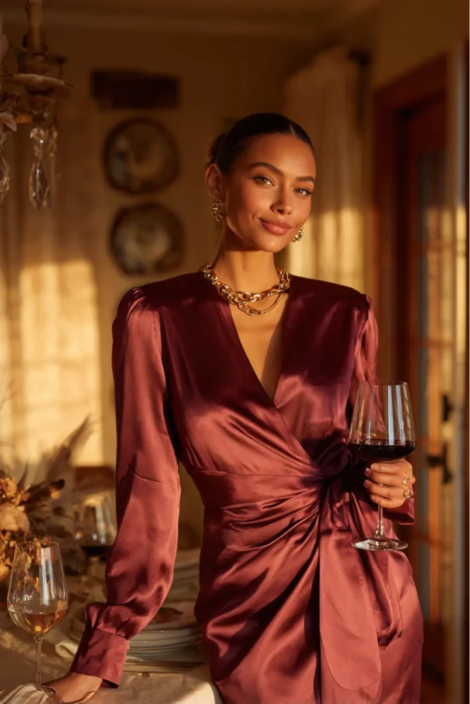 woman in deep mauve satin wrap dress holding wine glass in warm evening light