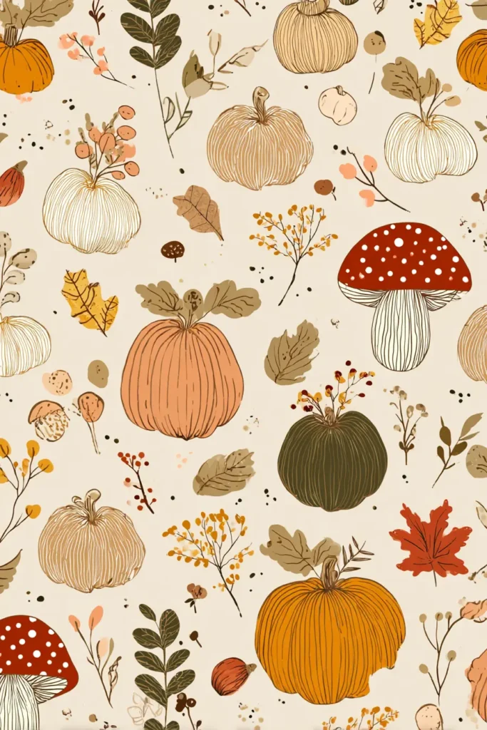 Cozy autumn wallpaper featuring illustrated pumpkins, mushrooms, leaves and fall botanicals in warm earthy tones.