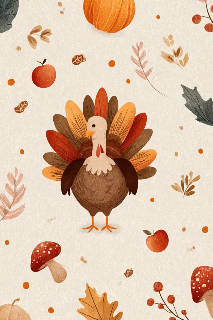 thanksgiving wallpapers 2025 cute illustrated turkey with autumn leaves, apples and mushrooms on beige background