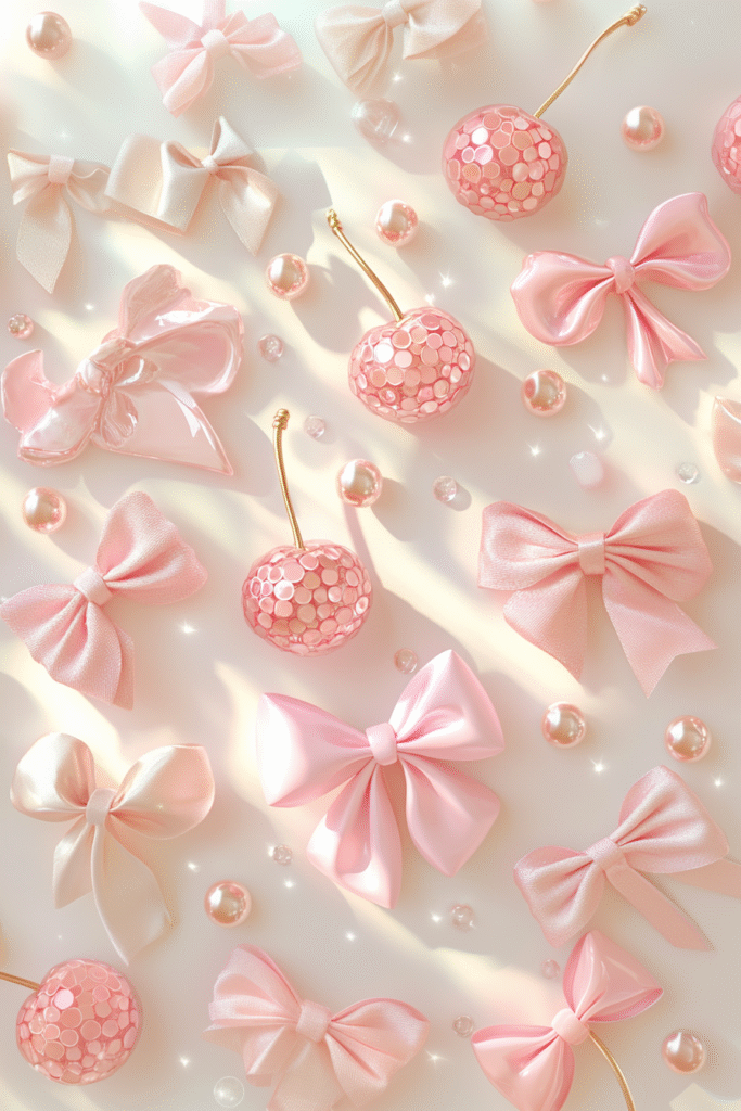 pink aesthetic wallpaper with bows, pearls, cherries and soft sparkles flat-lay background