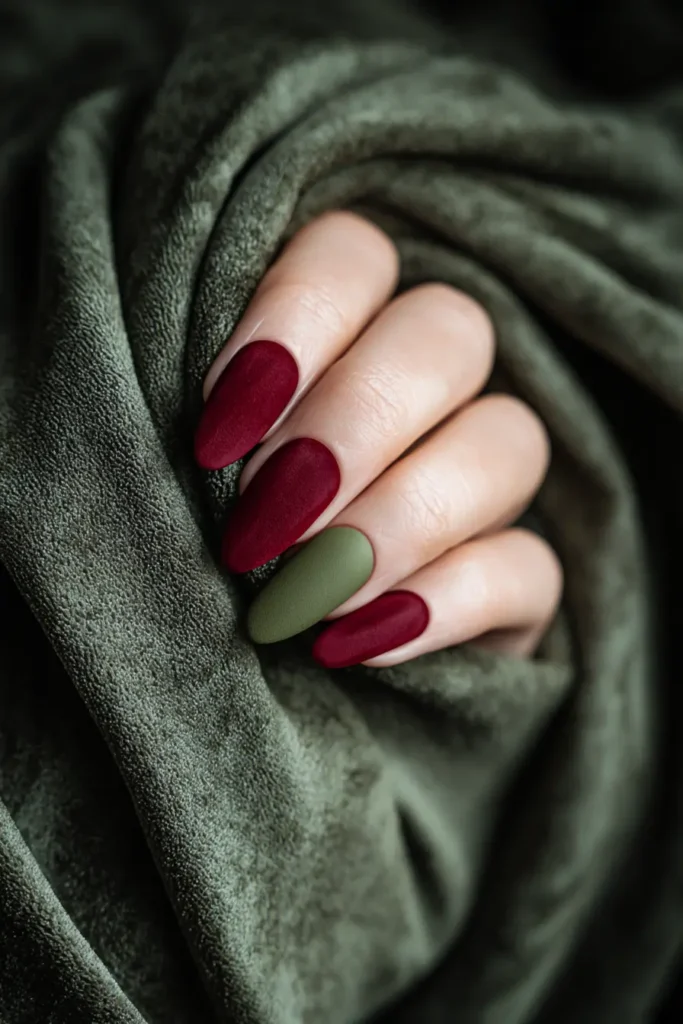 velvet burgundy nails with a matte olive accent nail resting on dark green fabric