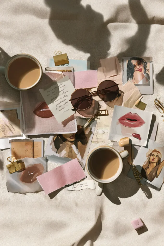 Flat lay estetska kompozicija sa šoljama kafe, naočarima za sunce, polaroid fotografijama, ručno naslikanim ilustracijama usana i žena, papirićima u pastelnim bojama i zlatnim štipaljkama na bež tkanini.