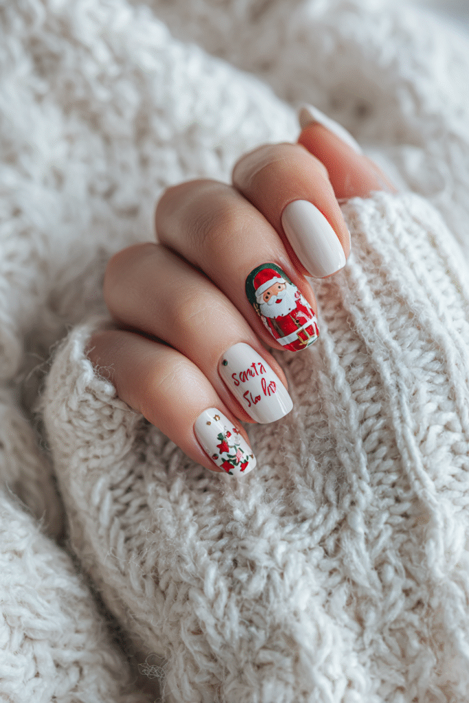 White Christmas nails with a Santa design, holly leaf accents, and red festive lettering on short square nails.