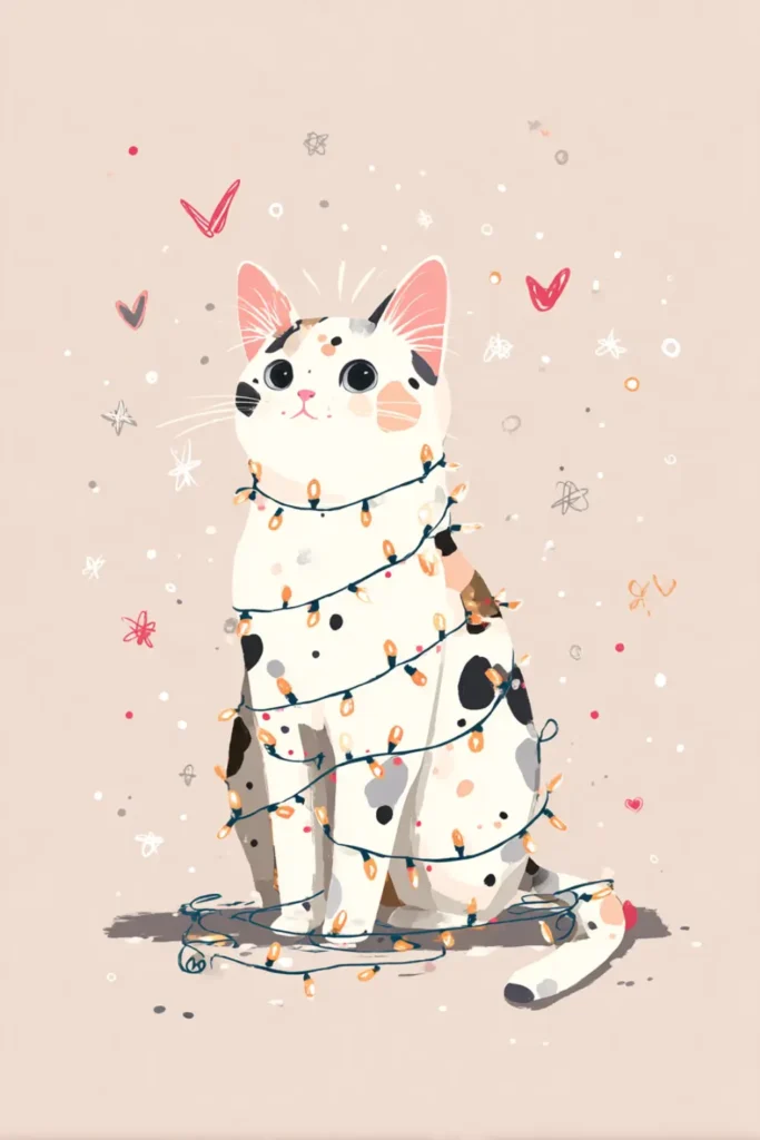 calico cat wrapped in Christmas lights on soft beige background, cute winter illustration