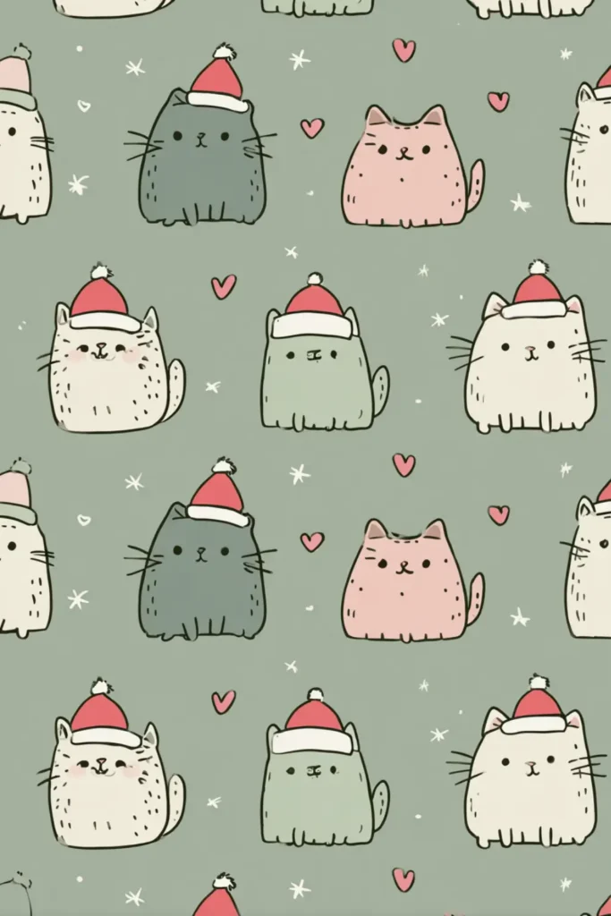 cat wallpaper winter (2) cute pastel cats wearing Santa hats on sage green background
