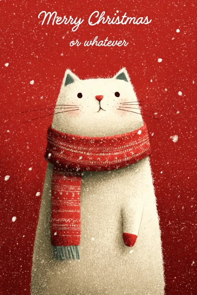 cat wallpaper winter (3) white winter cat in red scarf with snow on red background and funny Christmas text