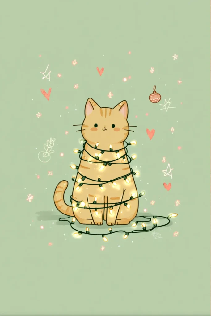 cat wallpaper winter (4) ginger cat wrapped in Christmas lights on sage green background