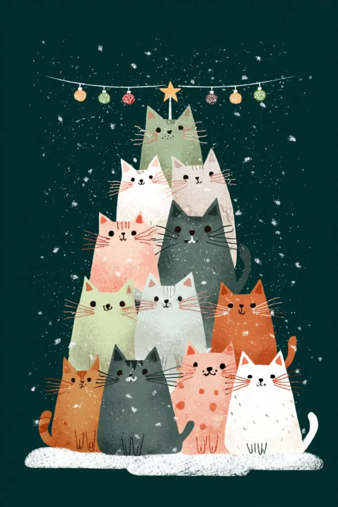 cat wallpaper winter (5) cats stacked like a Christmas tree with falling snow on dark green background