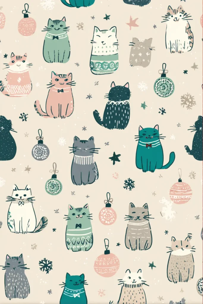 cat wallpaper winter (7) Scandinavian winter cats with ornaments on beige background