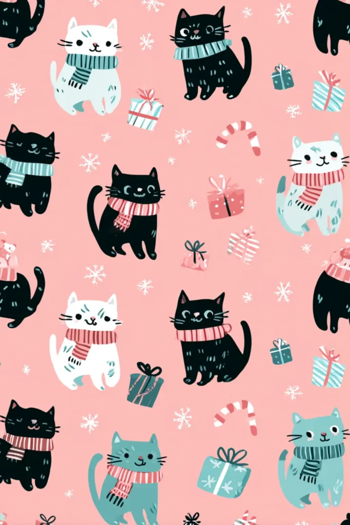 cat wallpaper winter (9) cute winter cats wearing scarves with gifts and snowflakes on pink background