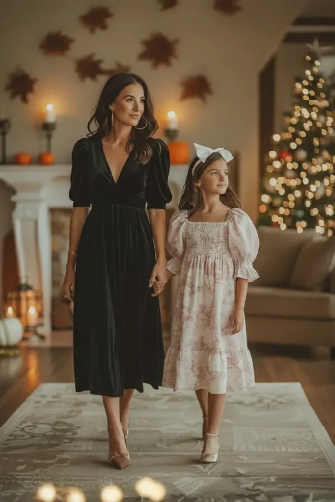 woman in a black velvet dress holding hands with a girl in a pink smocked dress walking through a festive living room with pumpkins and a Christmas tree