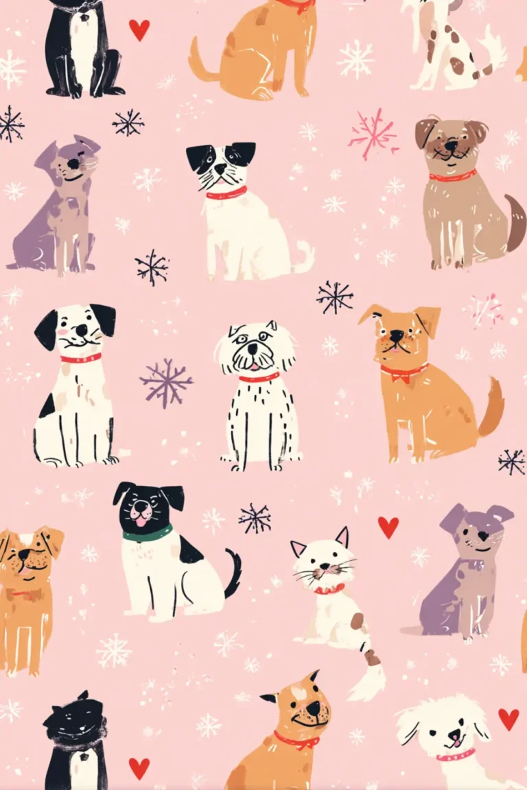 Playful dogs, warm tones, and cheerful winter elements make this background feel like sunshine in December.