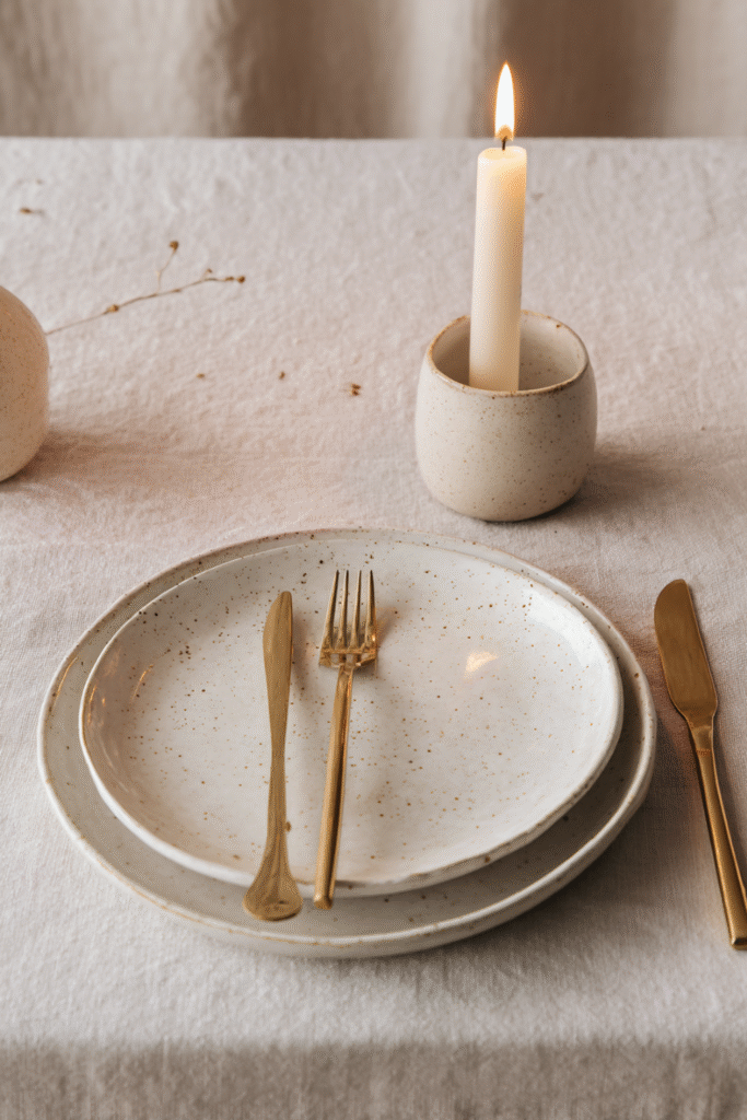 Minimal Thanksgiving place setting with speckled ceramic plates, gold cutlery, linen tablecloth, and a single lit candle in a neutral holder.